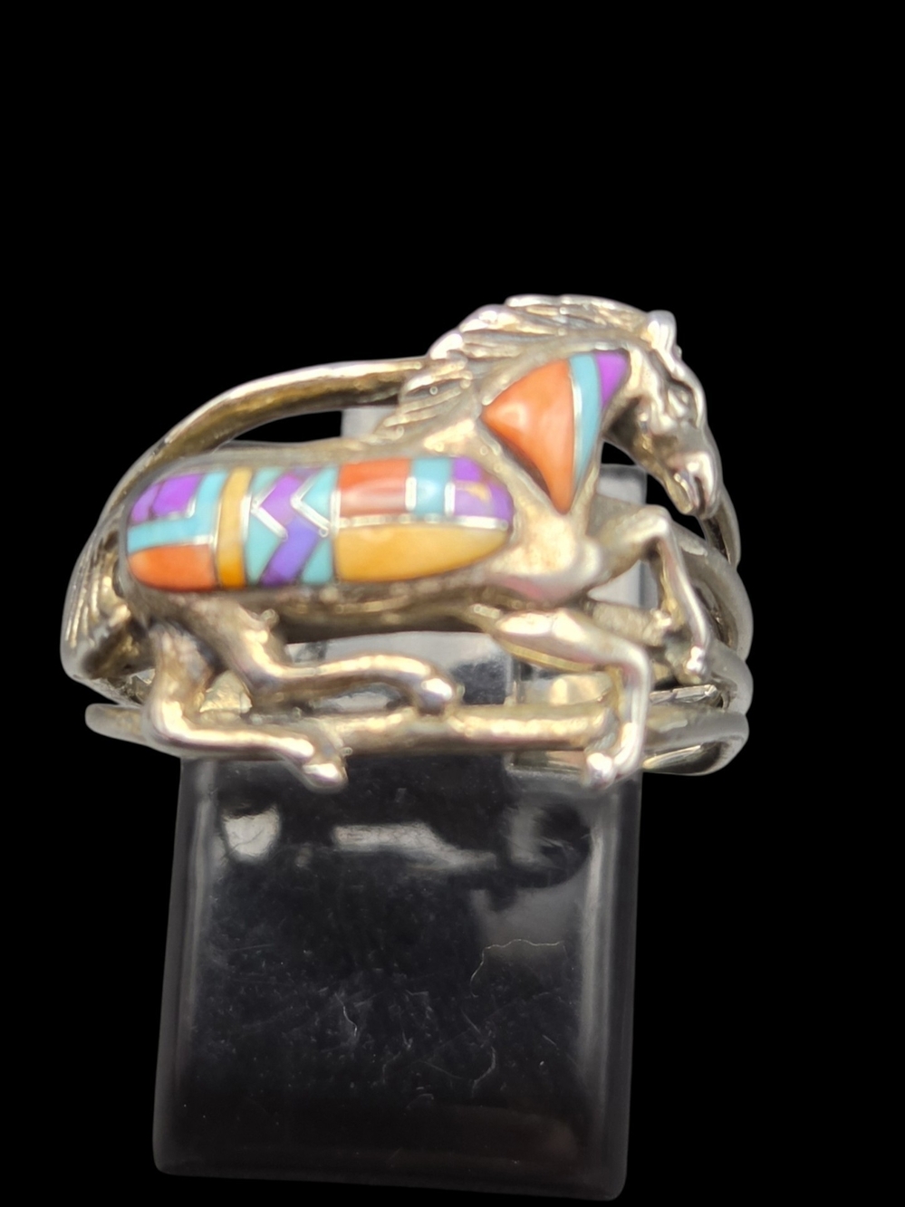 Sterling Horse Inlay Ring with Orange, Turquoise & Purple Accents 8